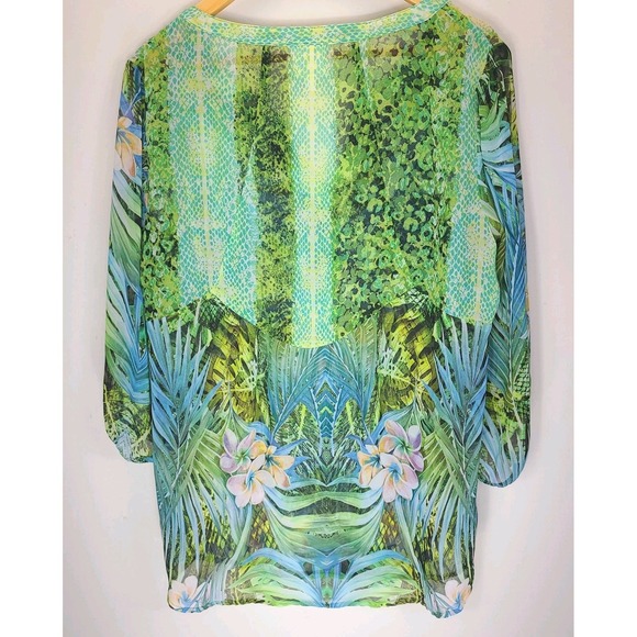 Fig & Flower Tropical Blouse 1X Sheer Floral Palm Print Boho Tunic - Picture 2 of 5